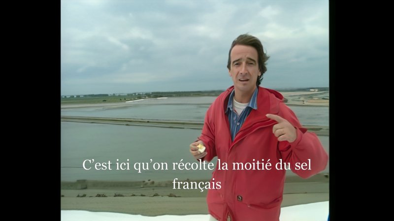 A Frenchman in a red jacket standing on a salt flat says that half of French salt is harvested there. 