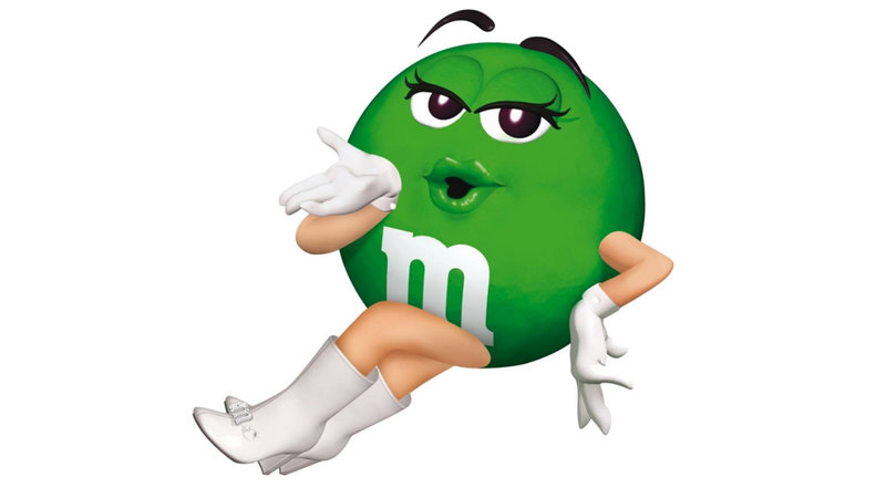 Image of Green M&M blowing a kiss.