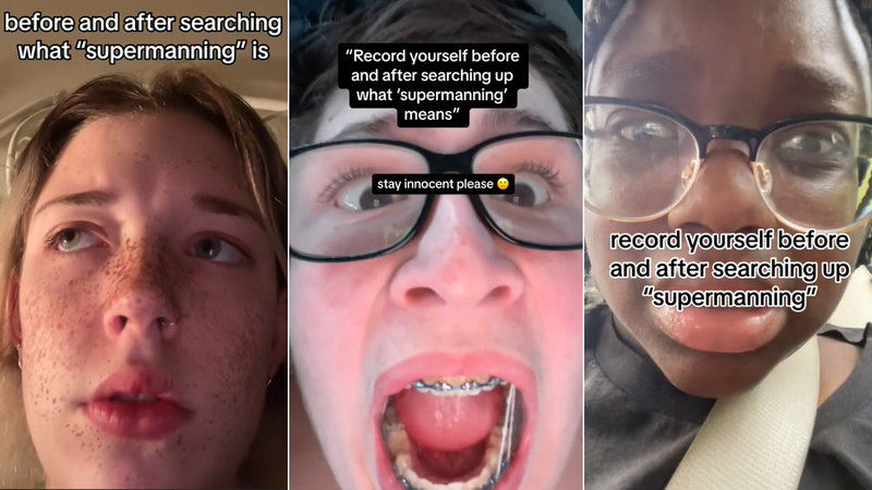Supermanning slang term depicting examples of people referencing it from tiktok videos.