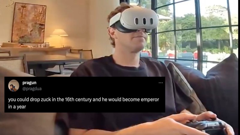 Zuckerberg gaming while wearing a Meta Quest virtual reality headset and a meme/tweet reacting to the video.