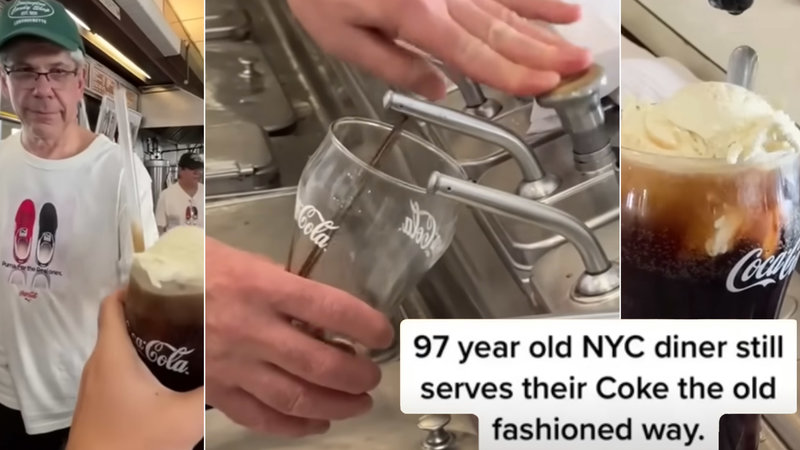 97-Year-Old NYC Diner Still Serves Their Coke the Old Fashioned Way Twitter X meme.