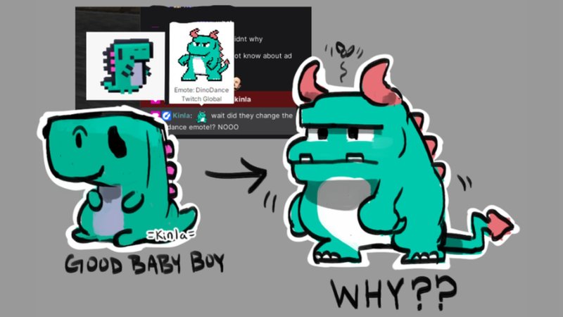 DinoDance Twitch Emote Update Controversy depicting the original and redesigned versions of the emote.