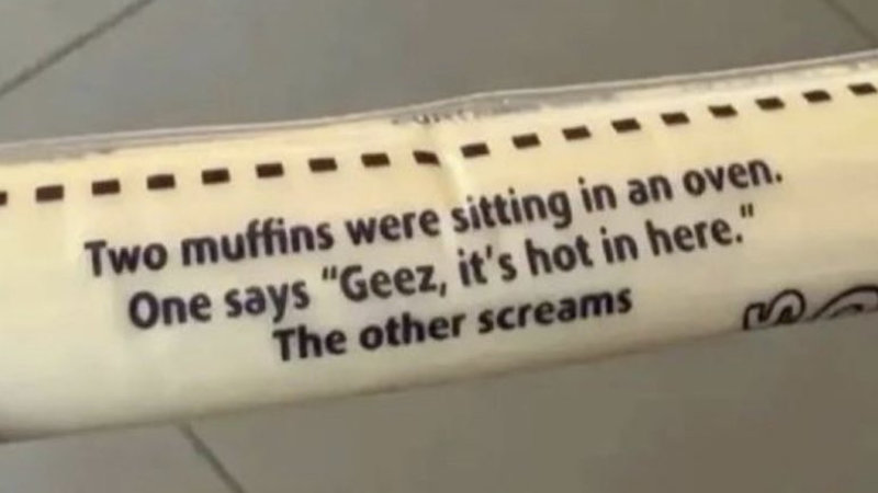 Two Muffins In An Oven Joke depicting an example on a string cheese wrapper.