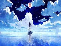 Painting of a girl walking toward a cloudy skyline