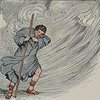 illustration of a person in a robe walking against strong wind