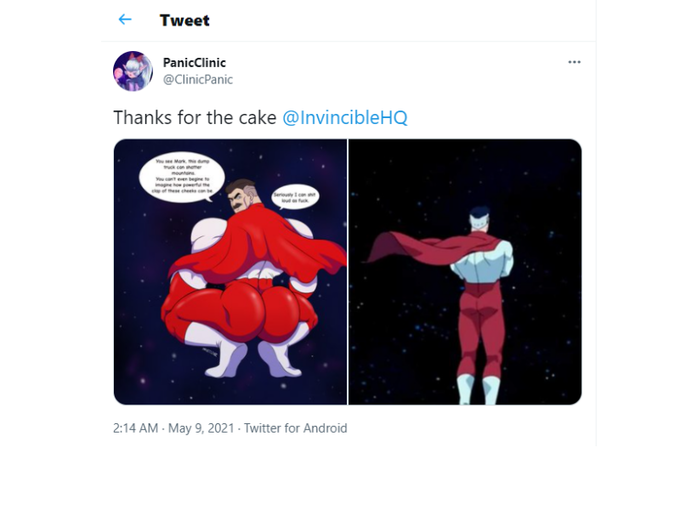 Tweet PanicClinic @ClinicPanic Thanks for the cake @InvincibleHQ Mark. h hemer Y cant even beget oee cheete n 2:14 AM - May 9, 2021 - Twitter for Android