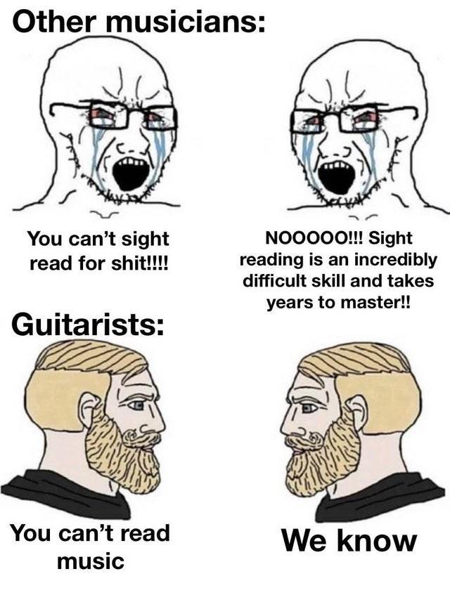 Other musicians: NOO00O!!! Sight reading is an incredibly difficult skill and takes You can't sight read for s---!!! years to master!! Guitarists: You can't read We know music
