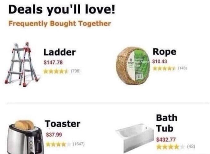 Deals you'll love! Frequently Bought Together Ladder $147.78 ***** (796) Toaster $37.99 ★★★★ (1647) Rope $10.43 *** (148) Bath Tub $432.77 ***** (43)