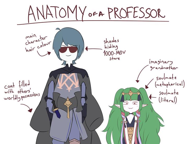 ANATOMY OF A PROFESSOR main character hair colour shades hiding 1000-MOV stare coat filled with others' worldly possessions imaginary grandmother soulmate (metaphorical) soulmate (literal)