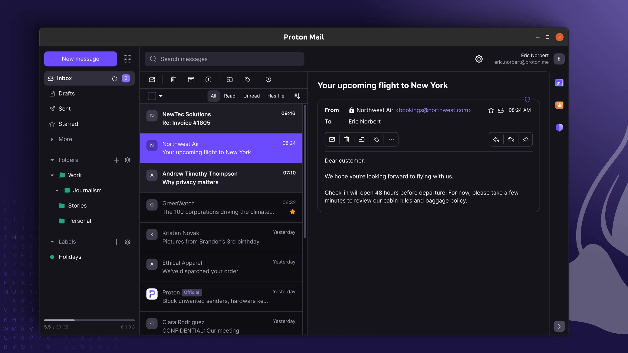 Screenshot of Proton Mail desktop app, showing dark mode color scheme.