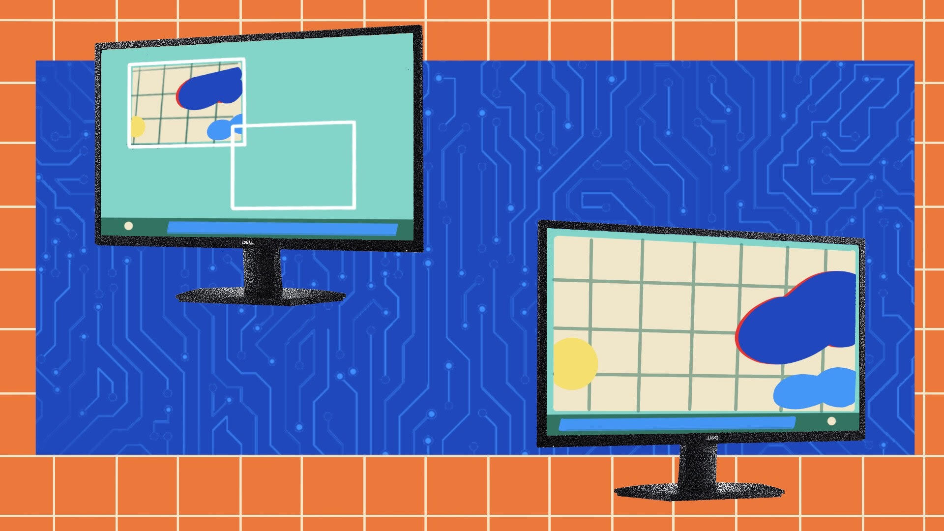 two monitors on blue and orange background