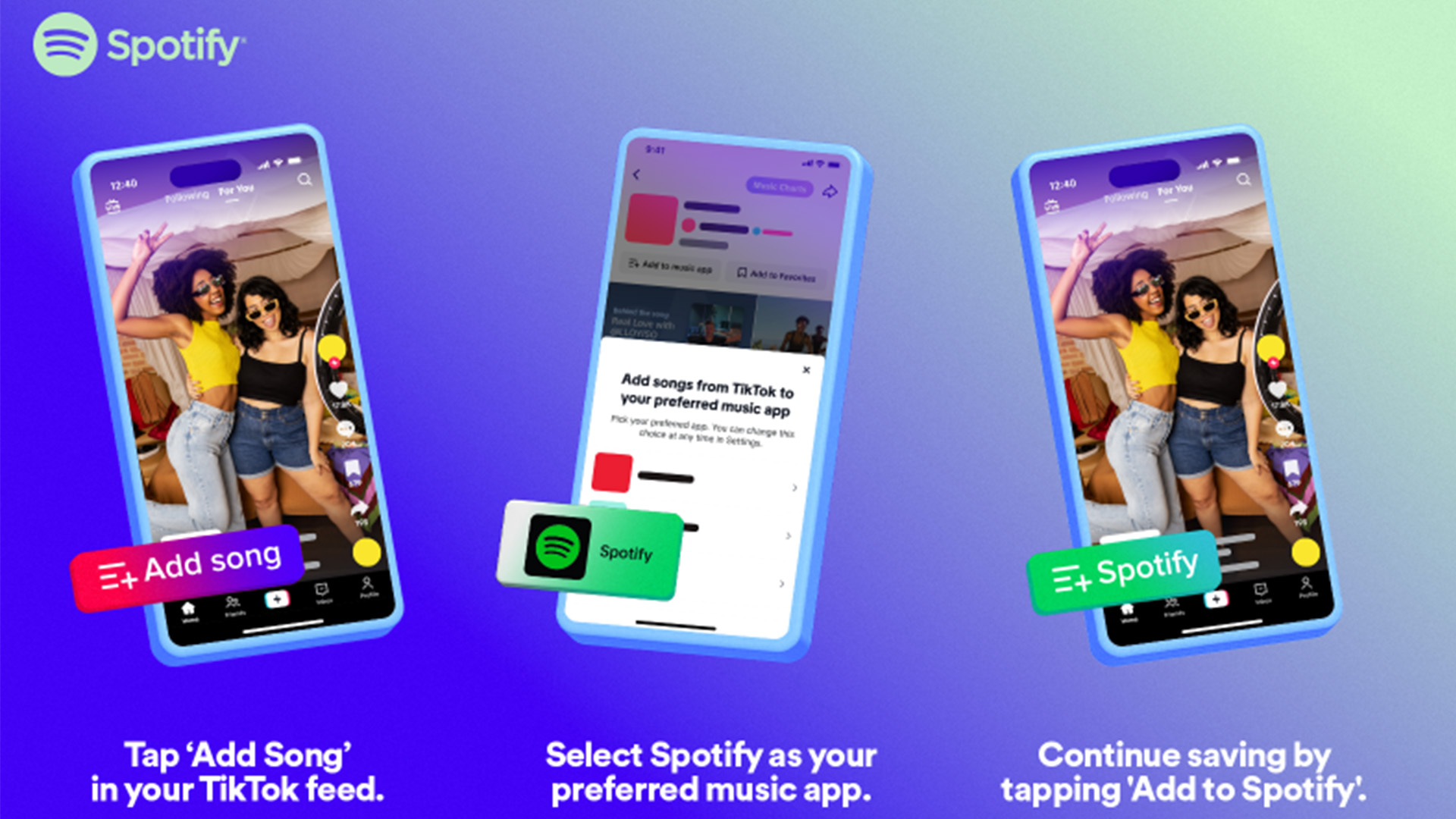 Three screenshots showing TikTok integration with Spotify