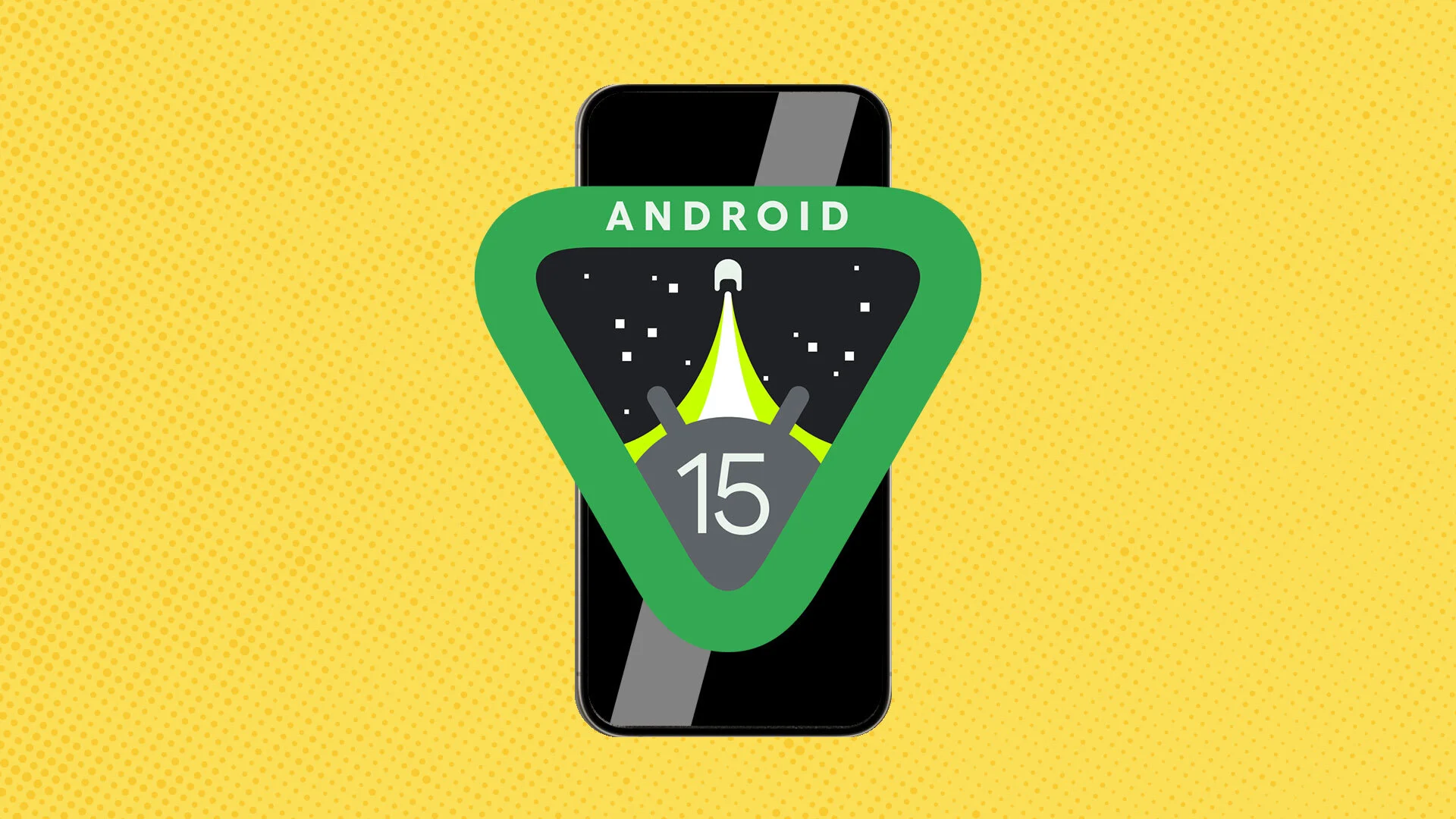 Google's Android 15 logo includes a graphic of a space launch against a starfield backdrop.