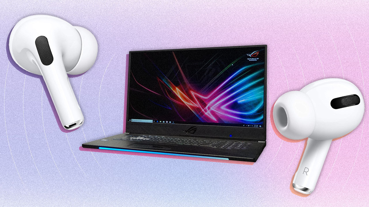 illustration featuring airpods next to a laptop