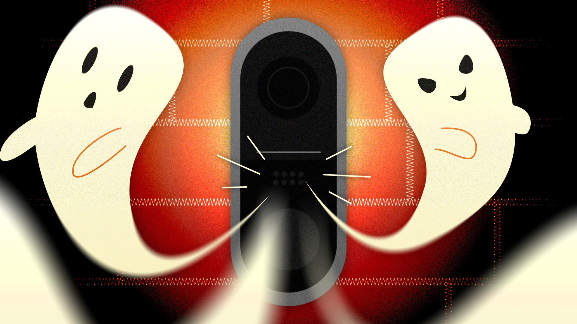 a smart doorbell with one smiling ghost and one mischievous looking ghost flying out of it 