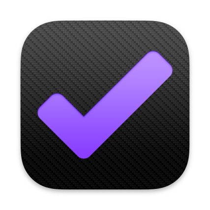 OmniFocus 4 Mac app icon: a black square with rounded corners and a purple checkmark inside