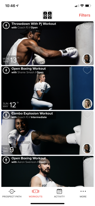 Screenshot of FightCamp app with different workouts