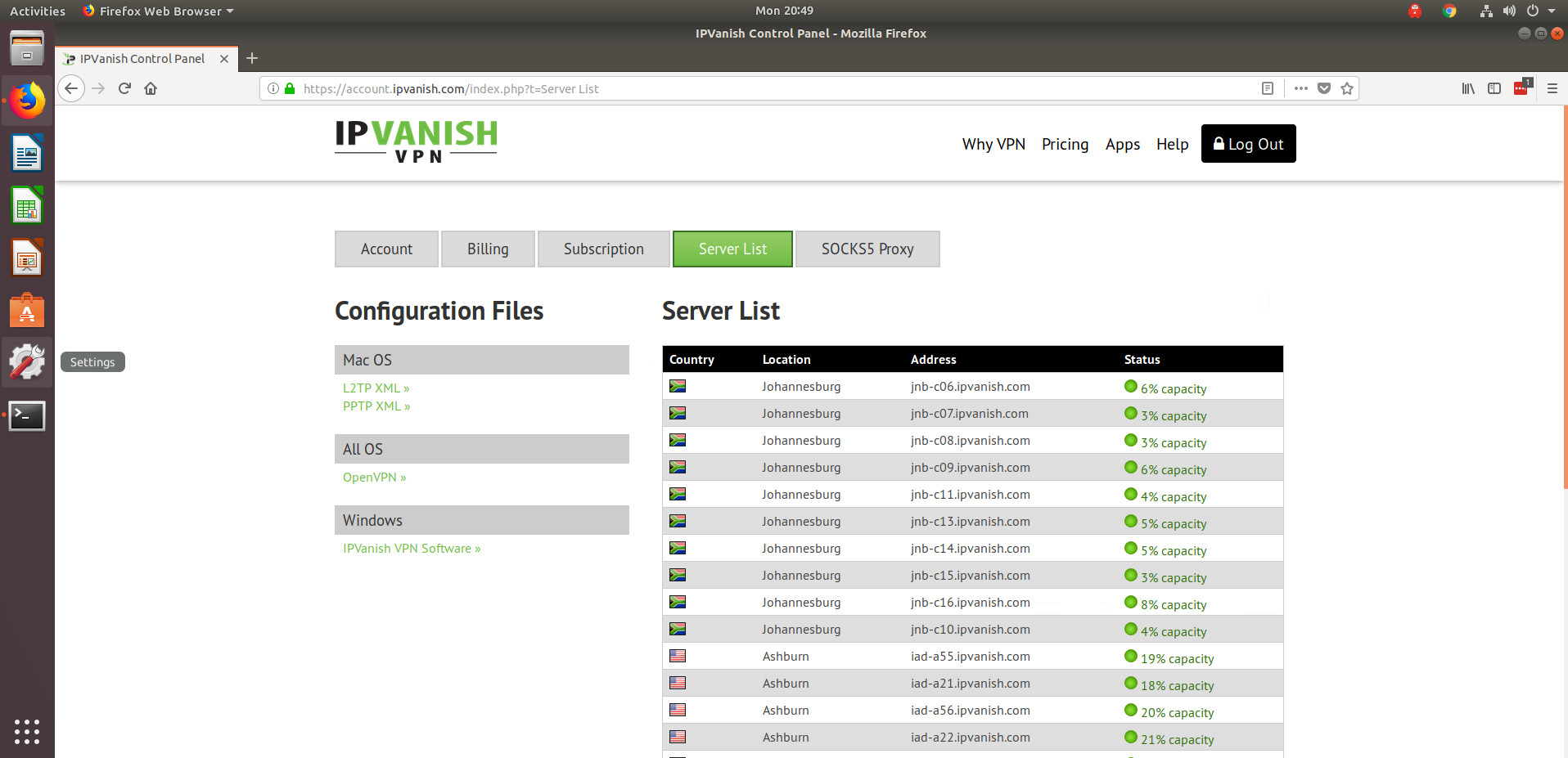 IPVanish VPN (for Linux) - Website makes it easy to find a fast server.