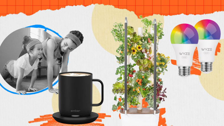 Collage of Mother's Day gift ideas, including a warming mug, planter, and color-changing lightbulbs