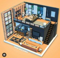 Loft Sims 4, Modern Tiny House Design, 2 Bedroom Loft House Design, Small Loft House, Sims 4 Loft, Loft Floor Plans, Loft Layout, Loft House Design, Loft Interior Design