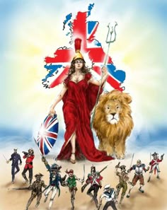 a drawing of a woman in red dress holding a flag and a lion on the ground