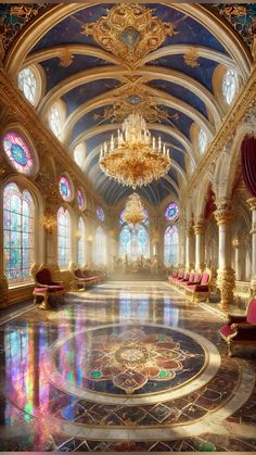an ornately decorated hall with chandeliers and stained glass windows is pictured in this image