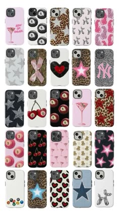 many cell phones with different designs and colors are shown in the same image, one is pink