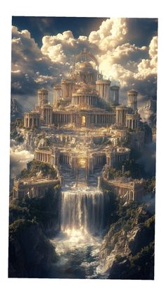an image of a castle on top of a mountain with waterfalls and clouds in the background