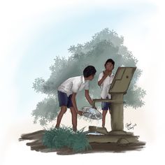 two children are washing their hands in a sink under the shade of a large tree