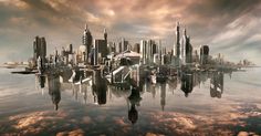 an image of a city that is floating in the air with clouds and water around it