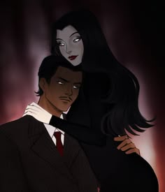 an animated image of two people dressed in black and white, one holding the other