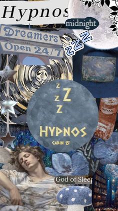 a collage of images with the words hypnos and symbols on them, including an image of a sleeping woman
