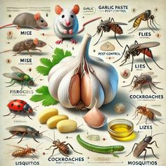 a poster with bugs and other insects on it's side, including eggs, garlic,