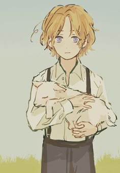 an anime character holding a cat in his arms