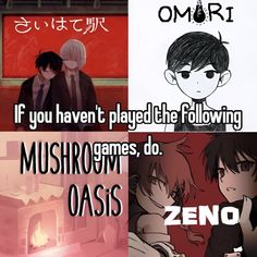 four different anime memes with captions in english and japanese, including one that says if you haven't played the following mushirogames, do
