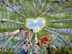 two rabbits standing next to each other in front of a heart - shaped sky background