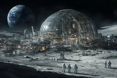 an alien city on the moon with people walking around it