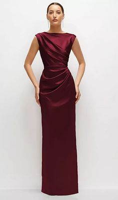 High Neck Sleeveless Cap Shoulder Satin Maxi Bridesmaid Dress In Cabernet | The Dessy Group Vintage Dress Silhouette, Satin Dresses For Wedding Guest, Silk Ruched Dress, High Neck Gown Designs, Slip Gown, Hollywood Glam Bridesmaid Dresses, Jewel Tone Wedding Guest Attire, Silk Dress Bridesmaid, Silk Gown Designs
