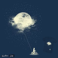 a person on a bike flying through the air with a kite in front of a full moon