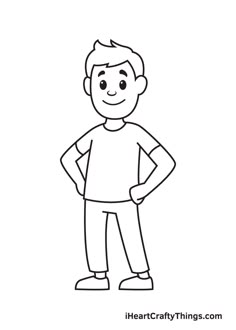 a black and white drawing of a boy with his hands on his hips
