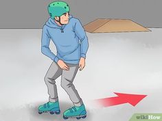 a man riding on a skateboard with an arrow pointing to the back of his head