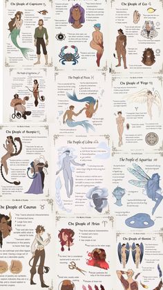 an illustrated poster with many different types of people and animals on it's sides