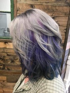 Gray Hair With Color Underneath, Peekaboo Highlights For Grey Hair, Peekaboo Hair Color Gray, Purple And Gray Hair Color Ideas, White Hair Purple Highlights, Gray Hair Purple Highlights, Plum Highlights On Grey Hair, Silver Violet Hair, Grey Hair With Purple Underneath