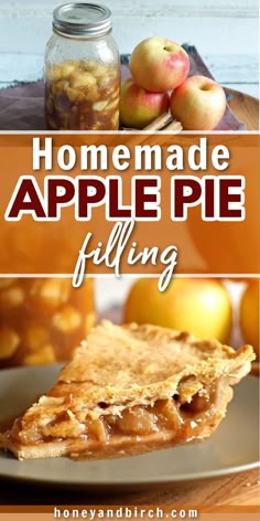 homemade apple pie filling with apples in the background and text overlay that reads homemade apple pie filling