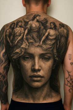 the back of a man with tattoos on his body and head is covered in images of women