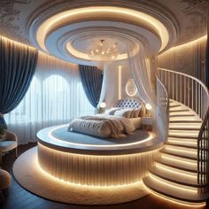 a bedroom with a spiral staircase leading up to the bed