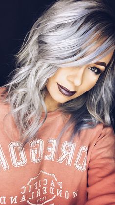 Grey Hair With Purple Tint, Silver Purple Hair Balayage, Purplish Silver Hair, Metallic Silver Hair, Silver Platinum Purple Hair, Metallic Hair Color Grey Silver, Gunmetal Silver Hair, Mystic Silver Hair Color, Purple Grey Hair