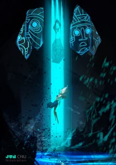an animated character floating in the water next to a tall tower with two faces on it