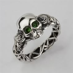 Bespoke Skull & Rose Ring in Silver & Green Tsavorite Eyes - Custom Made Rings - Stephen Einhorn London | Skull jewellery, Skull wedding ring, Gothic jewelry