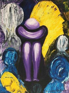 a painting of a purple man with yellow and blue colors